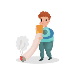 Man smoking giant cigarette, harmful habit and addiction cartoon vector Illustration