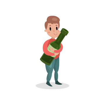 Young man holding giant bottle of alcohol, harmful habit and addiction cartoon vector Illustration