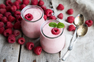 Yogurt smoothie with raspberries, fruit dessert. Berry smoothie. healthy dieting concept