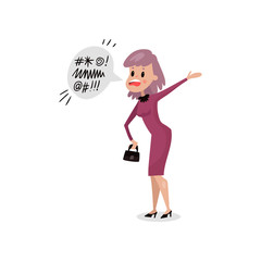 Angry young woman swearing, harmful habit and addiction cartoon vector Illustration