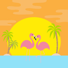 Fototapeta na wymiar Two pink flamingo standing on one leg. Palms tree, island, see ocean water wave, sun set. Exotic tropical bird. Zoo animal collection. Love Cute cartoon character. Flat design. Orange background.