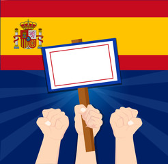 Human hand protesters holding the white placard Protesting the Spain government after catalan referendum in barcelona and madrid city