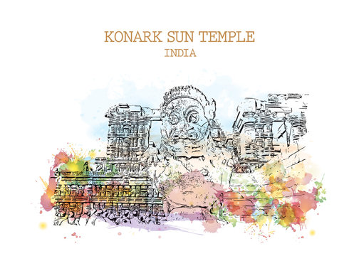 Watercolor sketch with splash of Konark Sun Temple India in vector illustration.