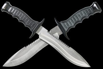 Two Tactical Combat Hunting Survival Bowie Knives With Crossed Blades Isolated On Black Background - obrazy, fototapety, plakaty