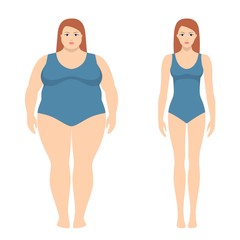 Vector illustration of fat and slim woman in flat style. Weight loss concept, before and after. Obese and normal female body.