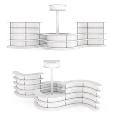 Curved shelving with shelves for exhibitions and sales. 3d images set