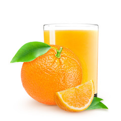 Isolated drink. Glass of orange juice and slices of orange fruit isolated on white background