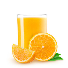 Isolated drink. Glass of orange juice and slices of orange fruit isolated on white background