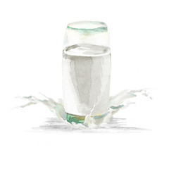 Glass of milk and splash. Watercolor hand drawn illustration.