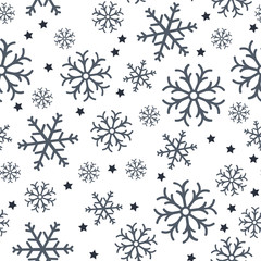 Snowflake simple seamless pattern. Abstract wallpaper, wrapping decoration. Symbol of winter, Merry Christmas holiday, Happy New Year celebration.Seamless pattern of snowflakes on a white background