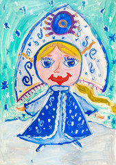 Obraz premium Children's drawing. Snow Maiden with long braid in the headdress