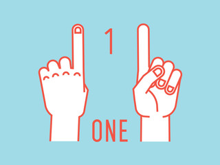 Obraz premium Count on fingers. Number one. Gesture. Stylized hands with index up. Vector.