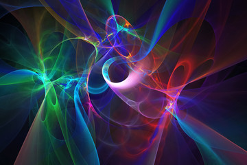 Neon swirl. Abstract rainbow smoky shapes on black background. Fantasy colorful fractal texture. 3D rendering.