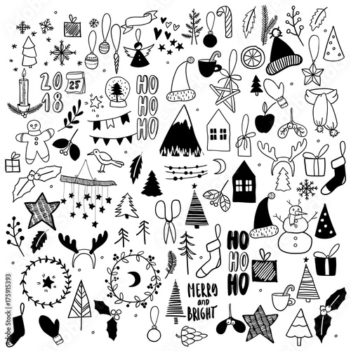 Big Set Of Christmas Doodles Hand Drawn Vector Icons Xmas
