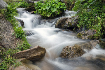 Mountain stream with stones with clear water