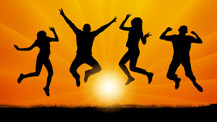 Fototapeta na wymiar Jumping people friends on the evening sunset, silhouette vector