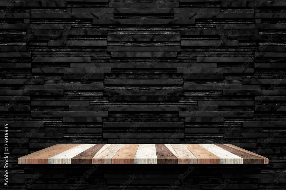 Aufkleber empty wood plank shelf at black layer marble tile wall background,mock up for display or montage of 