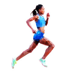 Run, running woman in blue jersey, polygonal geometric illustration