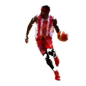 Basketball player in red jersey with ball, abstract geometric illustration