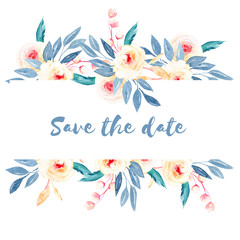 Frame border with watercolor pink roses and blue branches, hand painted on a white background, template floral design for wedding cards