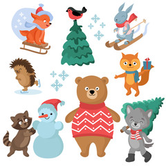 Fototapeta premium Christmas and winter holiday funny animals vector collection