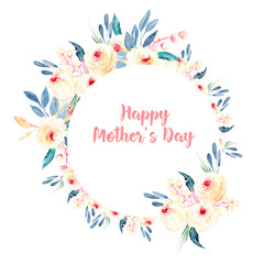 Circle frame border of pink roses, blue leaves and branches, hand painted in watercolor on a white background, greeting card, wedding design, decoration postcard or invitation