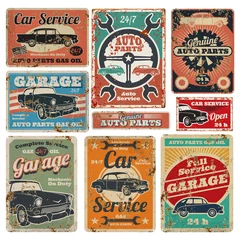 Foto op Canvas Vintage road vehicle repair service, garage and car mechanic advertising vector metal signs © MicroOne