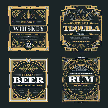 Vintage whiskey and alcoholic beverages vector labels in art deco retro style