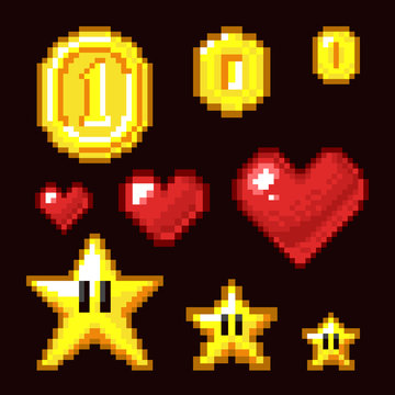 Video game 8 bit assets isolated. Coin, star and heart pixel retro icons in different size