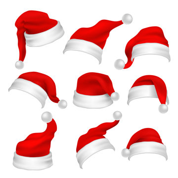 Santa Claus red hats photo booth props. Christmas holiday decoration vector elements