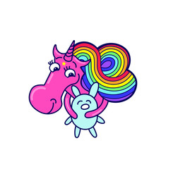 Magical pink unicorn with rainbow hair and blue rabbit.Kids graphics for t-shirts.Unicorn  head portrait horse sticker, patch badge.Cartoon fantasy animal.Design for children.Tenderness and love.