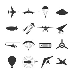 Black isolated silhouette of hydroplane, airplane, parachute, helicopter, propeller, hang-glider, dirigible, paraglide, balloon. Set of aviation icon.