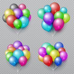 Multicolor realistic balloon bunches isolated. Wedding and birthday party decoration vector elements