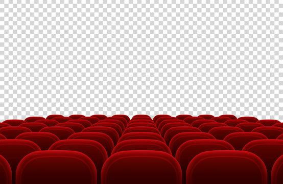 Empty Movie Theater Auditorium With Red Seats. Cinema Hall Interior Isolated Vector Illustration