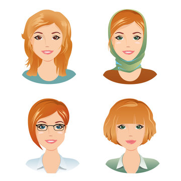 Different female hairstyles. For the girl, young adult, woman with red hair, / flat design, vector cartoon illustration