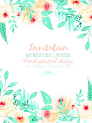 Template card with watercolor floral ornament (pink roses and mint plants), hand painted on a white background, template floral design for wedding or birthday cards