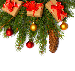 Fototapeta na wymiar Christmas background. Top view with copy space. fir tree with cone isolated on white background