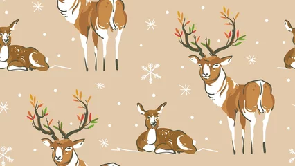 Papier peint Petit cerf Modèle sans couture de Noël de la faune de dessin animé abstrait de vecteur dessiné à la main avec la famille de cerfs et des flocons de neige isolés sur fond de papier craft.