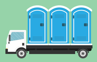 Truck transporting mobile or portable toilets