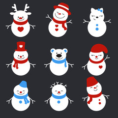 Set of winter holidays snowman.