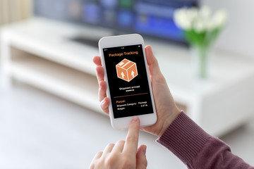 Female hands holding phone with app tracking delivery package screen
