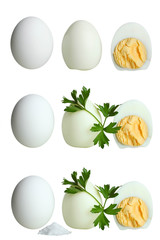 Boiled egg in a cut, parsley and salt, collage
