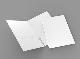 Blank white reinforced pocket folders on grey background for mock up. 3D rendering.