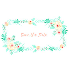 Frame with simple watercolor pink roses and mint leaves, hand painted on a white background, template floral design for wedding and birthday cards 