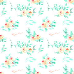 Fototapeta na wymiar Seamless floral pattern with watercolor pink roses and mint herbs bouquets, hand painted on a white background