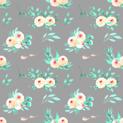 Seamless floral pattern with watercolor pink roses and mint herbs bouquets, hand painted on a grey background