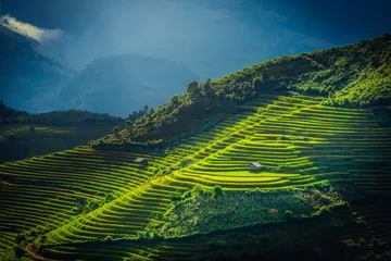 Printed roller blinds Mu Cang Chai Rice fields on terraced with wooden pavilion at sunrise in Mu Cang Chai, YenBai, Vietnam.