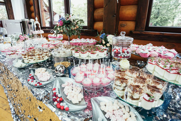Glass plates with chocolate and pink cakes stand on silver candy bar