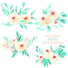 Set of watercolor pink roses and mint leaves bouquets illustration, hand drawn isolated on a white background, for a greeting card, decoration of a wedding invitation