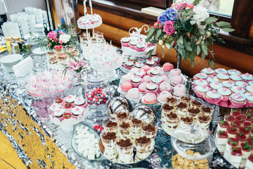 Dishes with pink and blue sweets stand on silver table